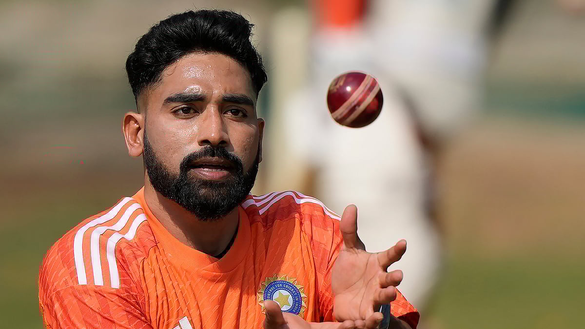  (AP Photo/Mahesh Kumar A.) : India's Mohammed Siraj at a practice session ahead of their first cricket test match against England in Hyderabad, India, Tuesday, Jan. 23, 2024.